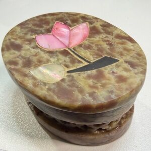 Vintage Hand Carved Israel Soapstone Trinket Box w/ Mother of Pearl Floral Inlay